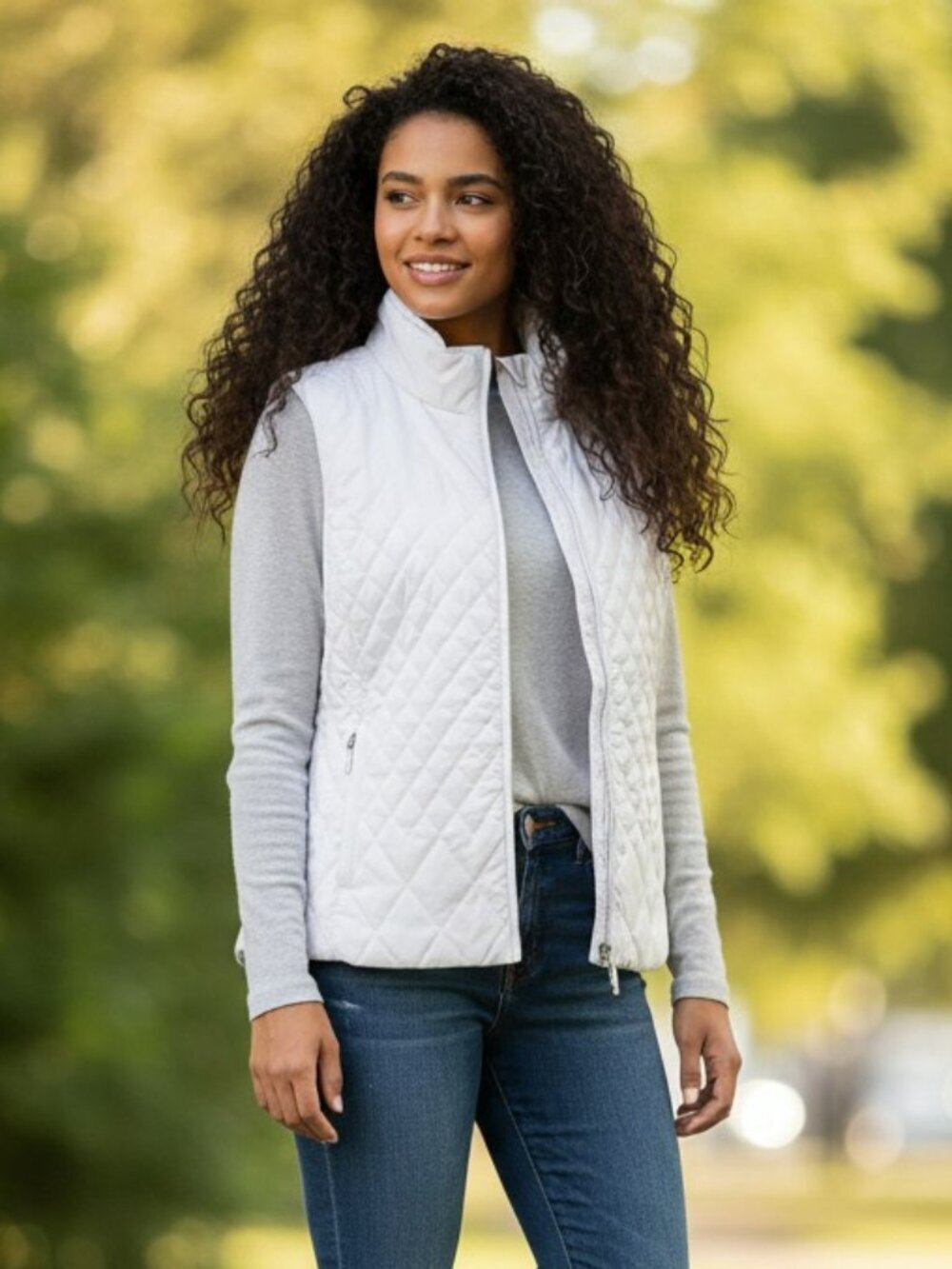Coldwater Creek Womens Size XL White Quilted Full Zip Pockets Mock Neck Vest